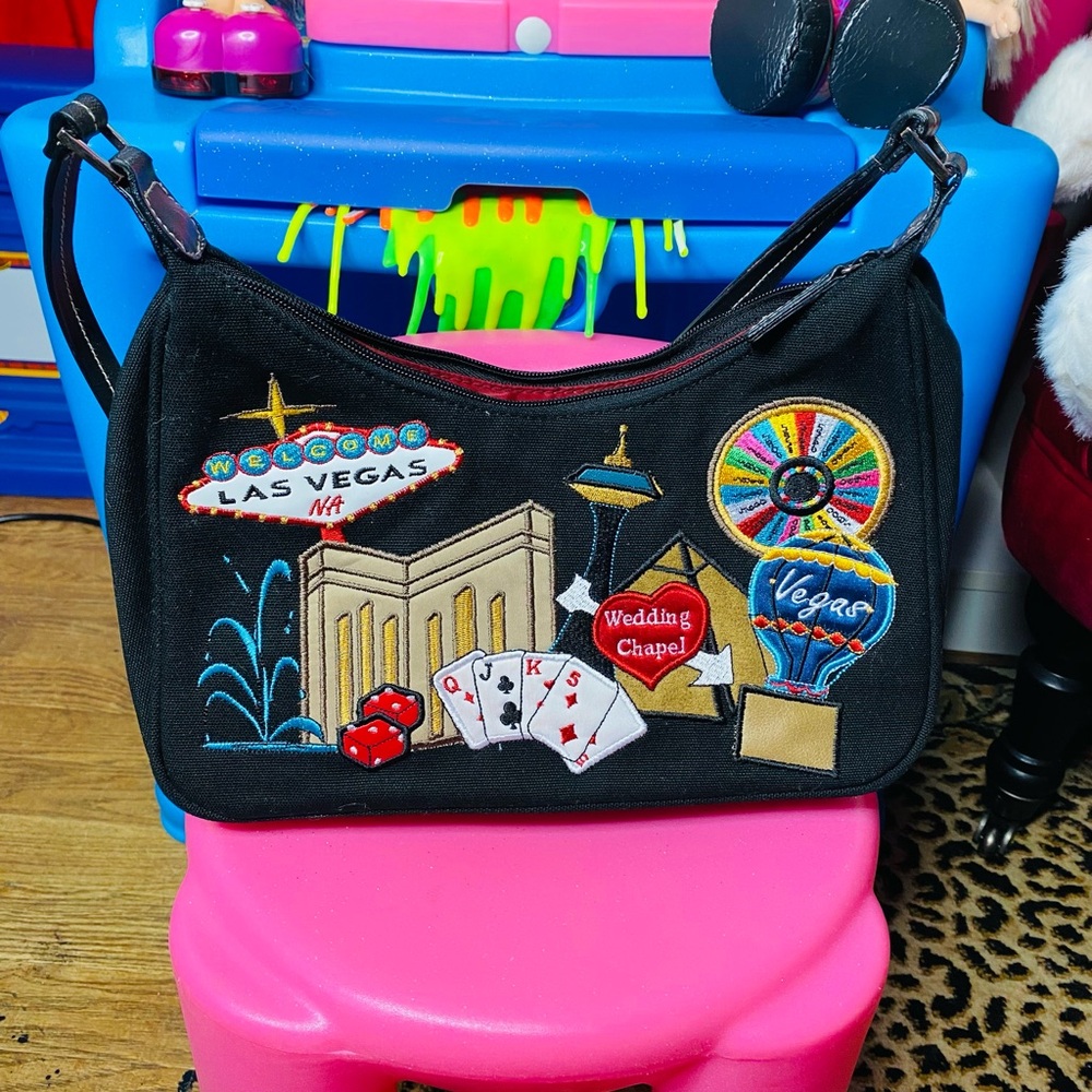 Vintage Black Shoulder Bag with Las Vegas Embroidery